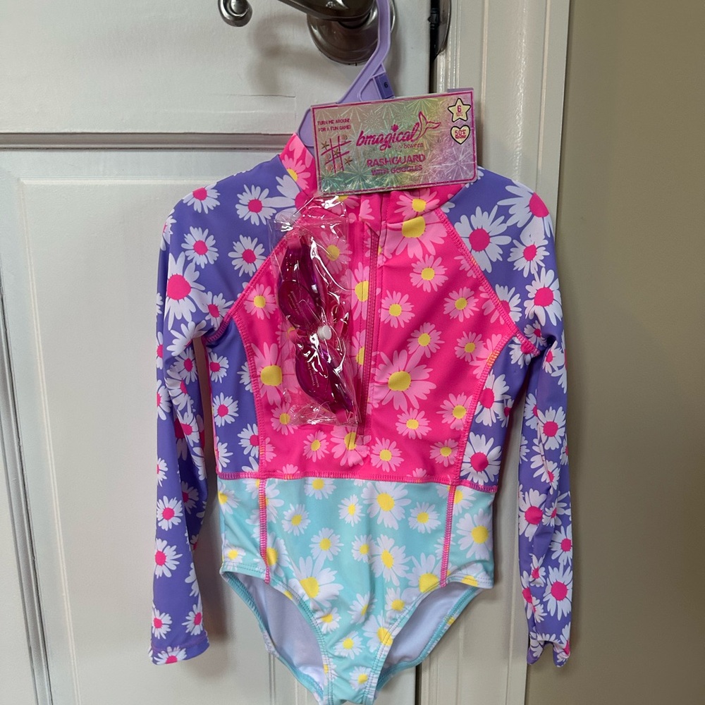 btween Floral Long-Sleeve Rashguard Swimsuit - Pink, Purple, Aqua